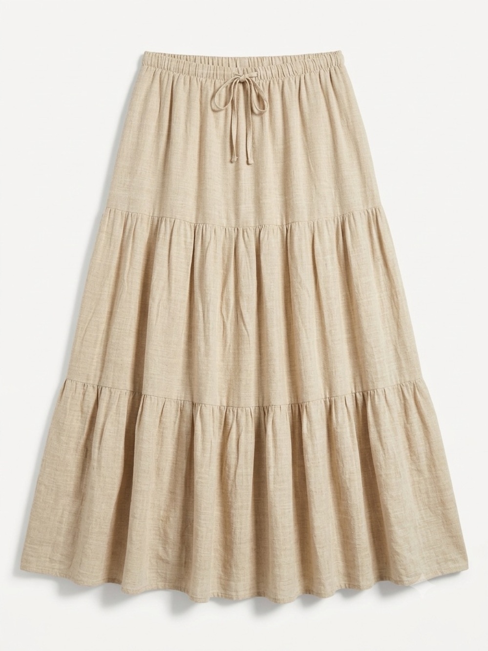 Beige Tiered Midi Skirt with Drawstring Waist